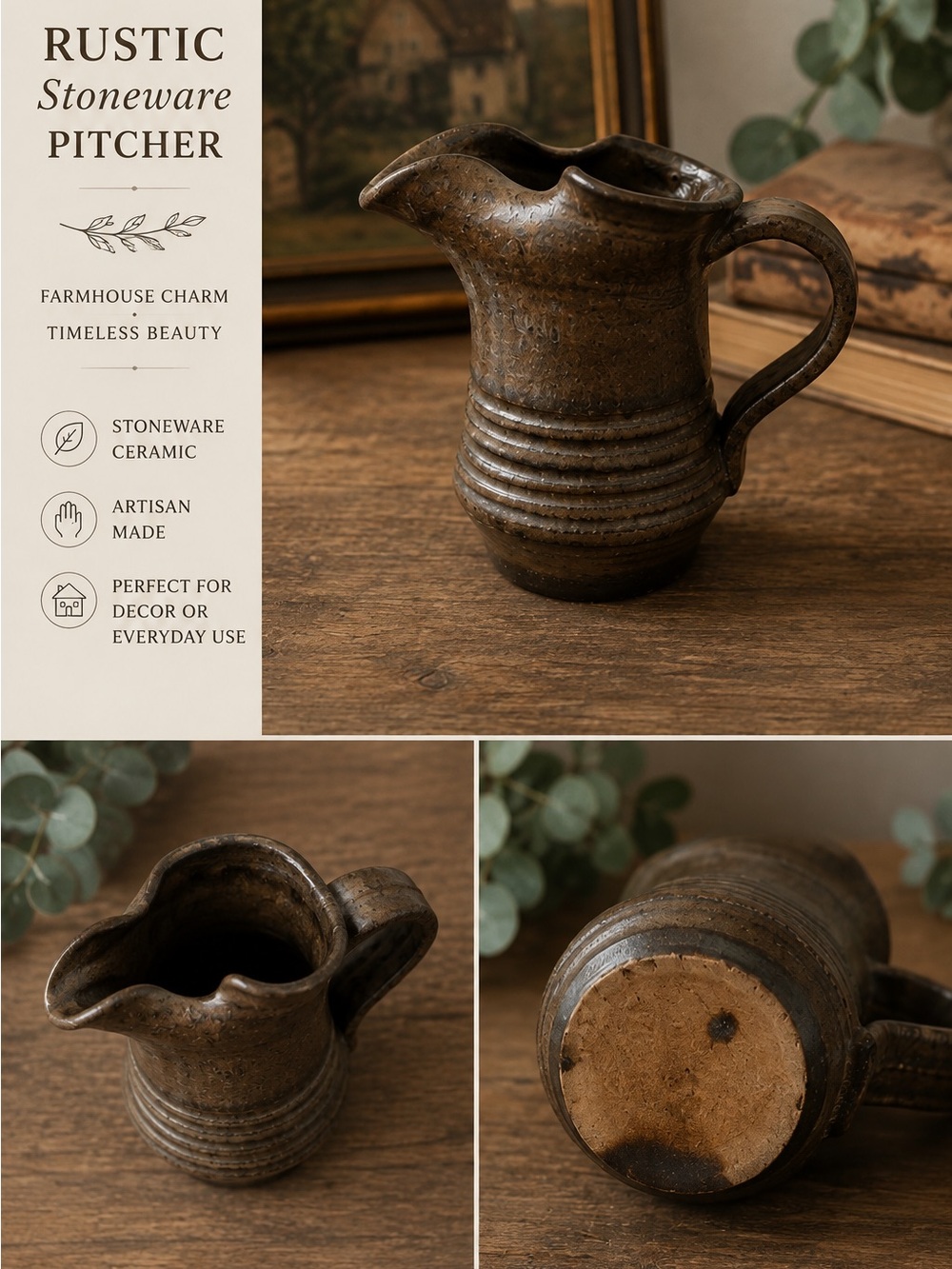 Rustic Stoneware Pitcher — Brown Ceramic Farmhouse Pitcher